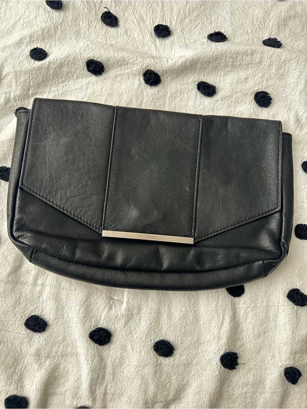 WALTER by Walter Baker Black Leather Envelope Silver Bar Clutch